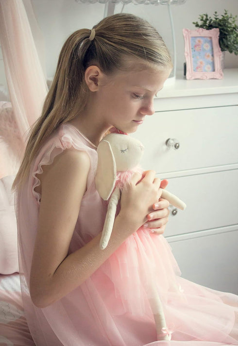 Lilly The Bunny, Beautiful Cream Cotton Linen Plush Doll with Floppy Ears, Authentic Pink Ballerina Tutu, Cuddly Fur Top