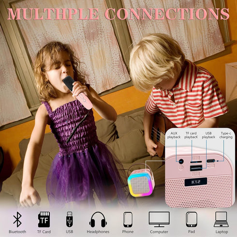 Karaoke Machine for Kids, Portable Bluetooth Speaker with 2 Wireless Microphones, Disco Ball Strobe Lamp for Dance