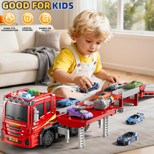 1-3, 1-3 3-5, 6 3-9 Fire Trucks for Toddlers Firetruck Toys for Toddlers Folded Carrier Truck Race Track with Racing