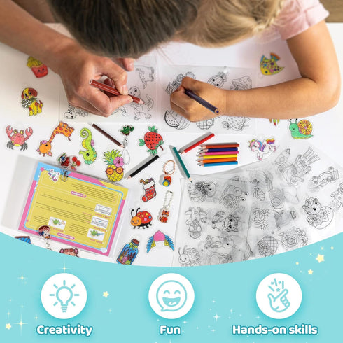 75 12 Funtopia Shrinking Art Sheets Kits for Kids, Pre-Cut Shrink Paper Craft Keychain Making Kit, Themes DIY Shrink
