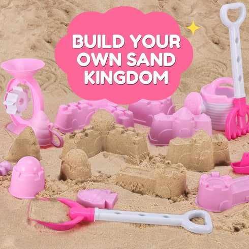 14 Playset Liberty Imports PCS Pink Princess Beach Wagon Plastic Toy for Kids with Castle Molds, Sand Wheel, Water