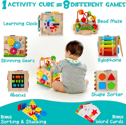 8-in-1 Pack Packaging HELLOWOOD Wooden Activity Cube for Kids, Sorting & Stacking Toys Shape Match Xylophone Montessori
