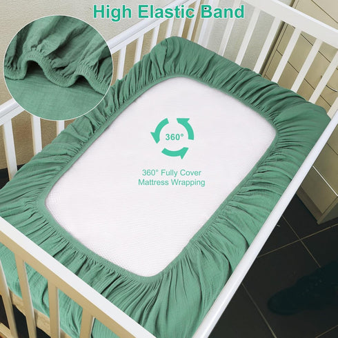 2 Pack 28"x 52" Green & Grey Muslin Cotton Crib Sheets for Girls & Boys-Neutral Breathable Crib Mattress Protector