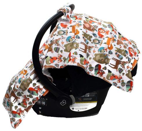Dear Baby Gear Deluxe Baby Car Seat Canopy Cover - Tribal Woodland Forest Animals, Dot, White