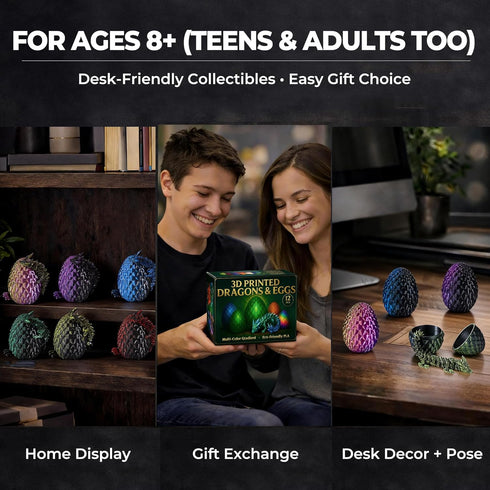 MiniMythos Toys 12 Pack 3D 12-Color Set 8+ Printed Dragon Eggs with Dragons Inside, Articulated Crystal Dragons, Dark