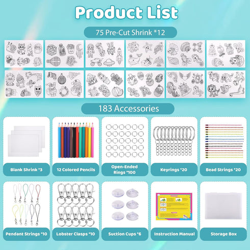 75 12 Funtopia Shrinking Art Sheets Kits for Kids, Pre-Cut Shrink Paper Craft Keychain Making Kit, Themes DIY Shrink
