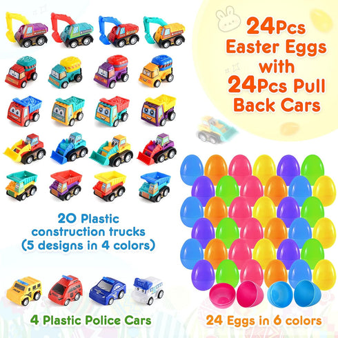 24 Packs 2.8 Duchong Prefilled Easter Eggs with Cars Toys for Easter Eggs Hunt, Plastic Eggs with Pull-Back