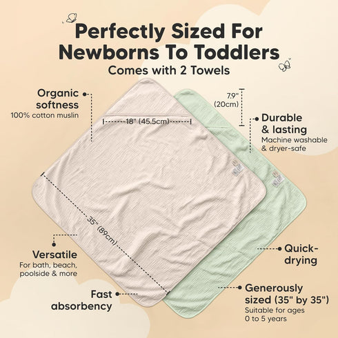 2-Pack, 35x35 KeaBabies Muslin Hooded Baby Towels for Newborn Girls, Boys - Organic Cotton Baby Bath Towels Hooded