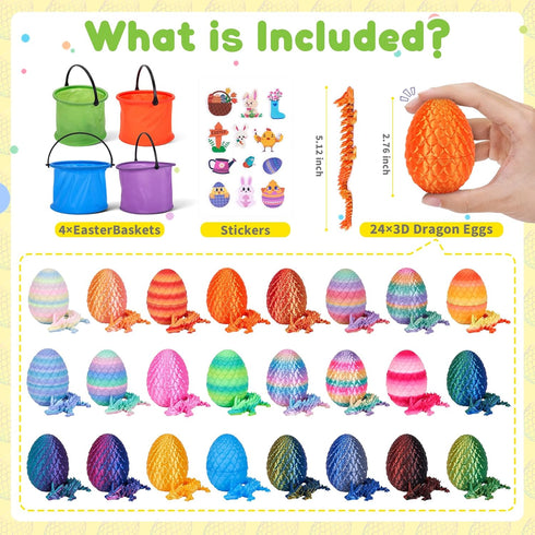 24 Pack 3D 3D 5-7 8-12 TBOLINE Printed Dragon Egg, Articulated Crystal Animals Dragon Fidget Toys with Basket