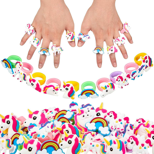 48 Pieces Multi-color Unicorn Rings for Girls, Rubber Rainbow Cupcake Party Favors for Birthday
