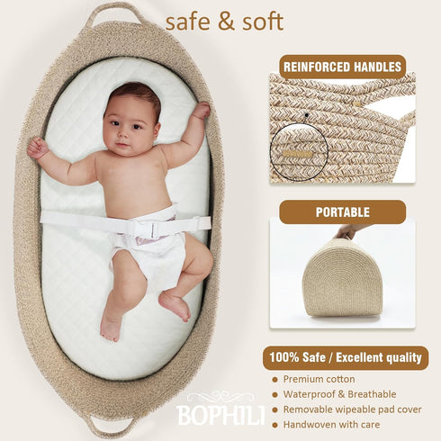 Baby Changing Basket Foldable Baby Changing Pad and Waterpoof Cover, Premium Handmade Cotton Rope Reinforced Moses