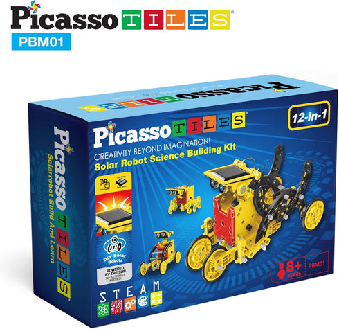 PicassoTiles STEM Kids Solar Powered Transformer Robot, 12-in-1 Educational Building Toy for Age 8+