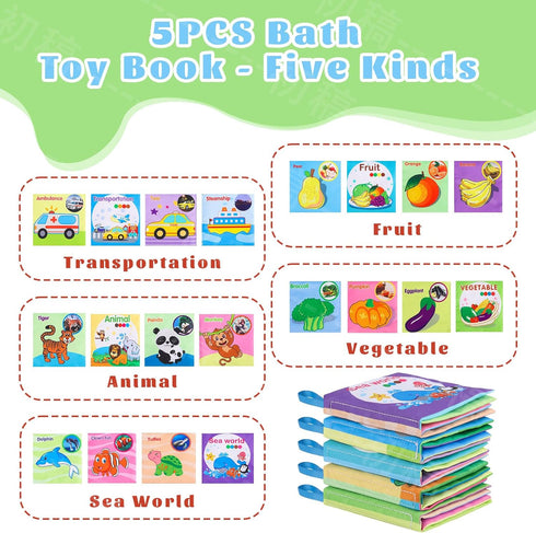 XBagSJ 5PCS Baby Bath Books for Toddlers Learning The Names of Animals, Fruits, Vegetables, Transportation, Colorful