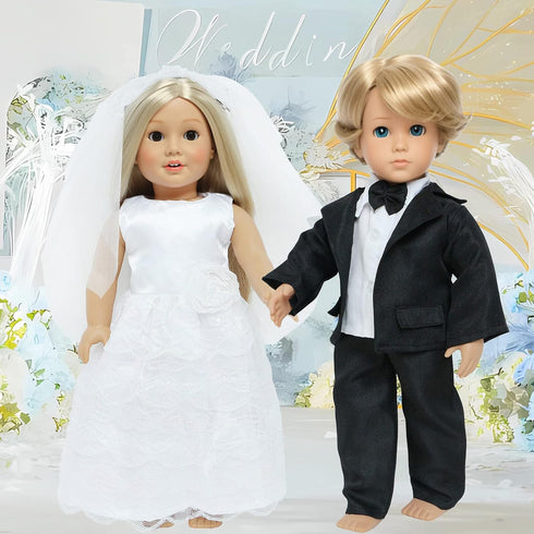 18 Inch Set, 18 Inch Doll Clothes Accessories Wedding Bride Wedding Dress and Groom Suit Outfit, Veil, Bow Tie
