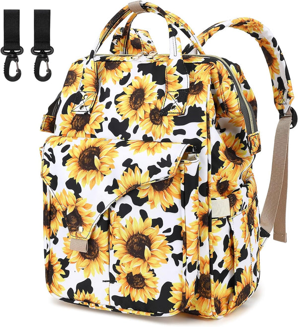Mimfutu Cow Print Sunflower Diaper Bag Backpack for Baby Girls Boys, Large Capacity