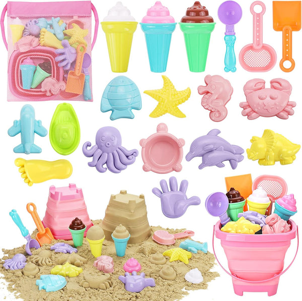 Beach Toys - Ice Cream Sand Toys for Toddlers with Collapsible Bucket and Shovels, Travel Toys for Kids Age 3-8+