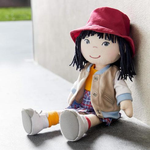 12" 18 HABA Soft Doll Yuki with Black Hair, Embroidered Face, Stylish Bucket Hat and Clothes - Washable Toddler Baby