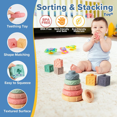 7in1 612Months 1+ 13 Montessori Baby Toys for & Years, Infant Sensory Teething & Stacking Blocks | Wooden Shape Sorter