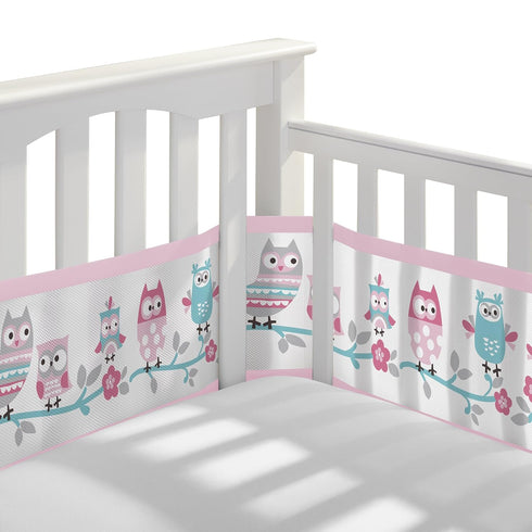BreathableBaby Breathable Mesh Liner for Full-Size Cribs, Classic 3mm Mesh, Owl Fun Pink (Size 4FS)
