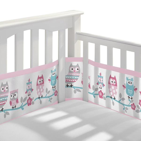BreathableBaby Breathable Mesh Liner for Full-Size Cribs, Classic 3mm Mesh, Owl Fun Pink (Size 4FS)