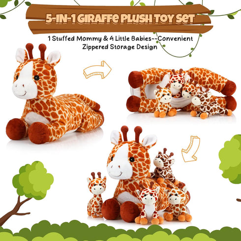 Honoson 5 Set 18'' Mommy 4 Tummy Pcs Valentine Giraffe Stuffed Animals Large Giraffe Plush with Cute Baby Zippered