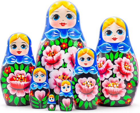 Nesting Babushka Dolls - Handmade Rose Hand-painted - Matruska Stacking 7 Dolls