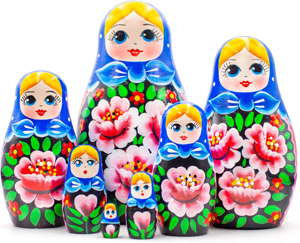 Nesting Babushka Dolls - Handmade Rose Hand-painted - Matruska Stacking 7 Dolls