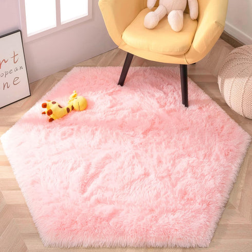 KIXINWA 4.6X4 Pink Hexagon Princess Rug, Ft Castle Play Tent Carpet, Cute Fluffy Rug for Girls Room, Shaggy Soft Non