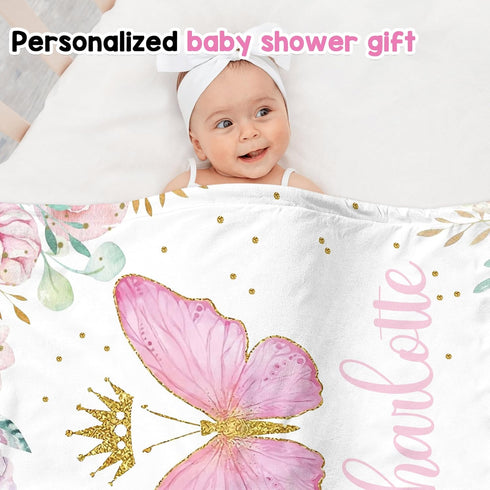 J&SBGFT 30"x40", Color18 Personalized Baby Girl Blanket, Customized Name Swaddle, Butterfly Receiving Blanket, Custom