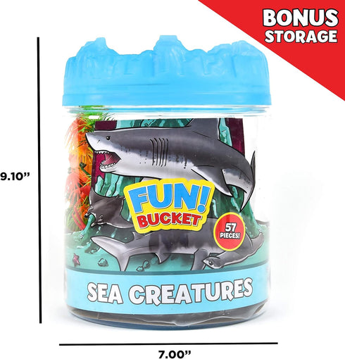 Sunny Days Entertainment Sea Creature Bucket – 56 Piece Toy Play Set for Kids | Aquatic Animals Plastic Figures Playset with Storage Bucket