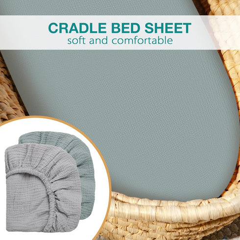 2 Pack, 100% Muslin Bassinet Fitted Sheets Cotton Baby Cradle Sheets in Solid Green & Gray, Soft Breathable Mattress