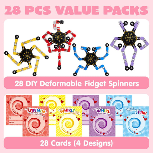 28 Packs 4-Design JOYIN Valentines Day Gift Cards with Fidget Spinners, DIY Chain Robot Fingertip Toys, Deformable