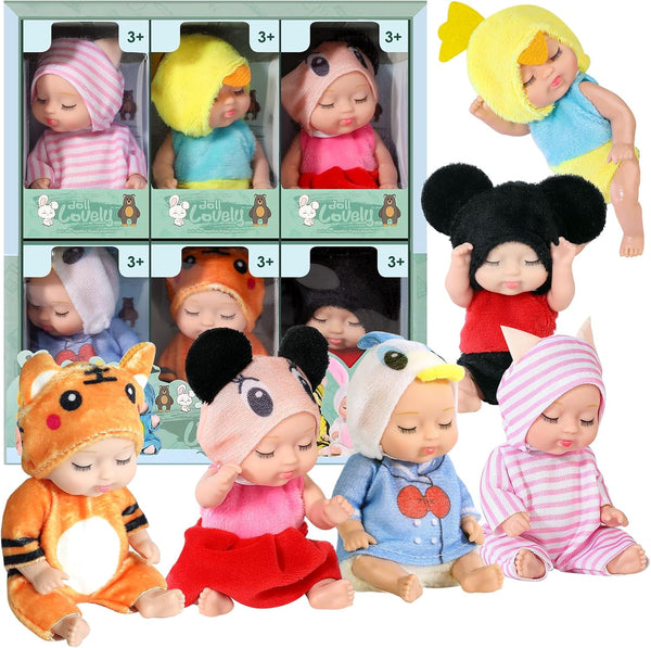 6 Sets 4 Inch Mini Reborn Baby Dolls with Animal Clothes, Realistic Baby Doll Set for Kids 3+