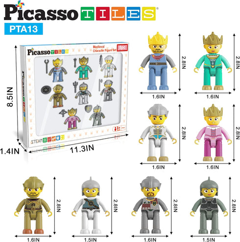 Picasso Toys Magnetic Action Figures, 8 Piece Medieval King and Knights Character Building Blocks Set