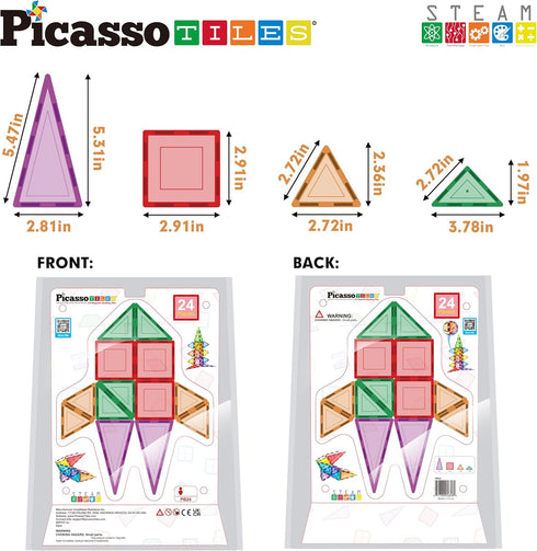 Set 3+ PB24 PicassoTiles Magnet Tile Building Block Magnetic Construction Square Triangle Tiles Toy Kit Sparking