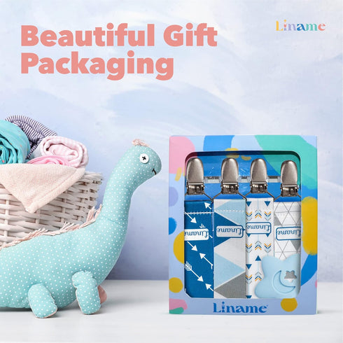 Liname 4 Pack Neutral Pacifier Clip with Teething Toy - Unisex Baby Binky Holder and Soothie Paci Clip (Blue)