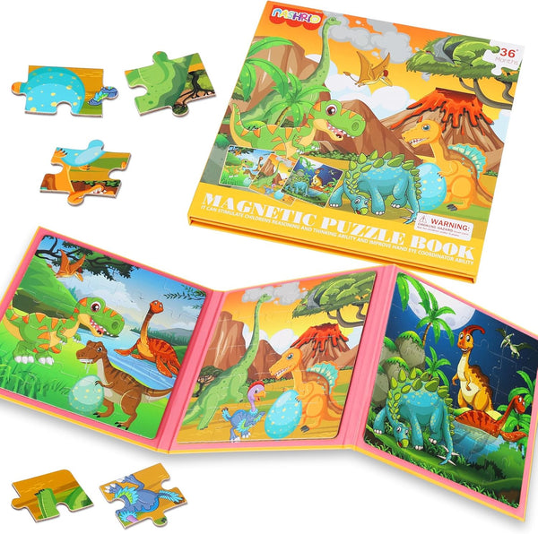 Magnetic Puzzles for Kids Ages 4-6, 20-Piece Travel Dinosaur Toddler Puzzles, Educational Learning Magnets for Road