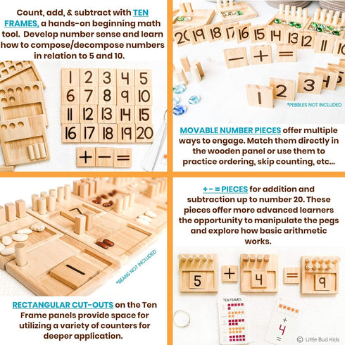 LITTLE BUD KIDS Counting Pegs - A Wooden Montessori Math Toy with Ten Frame Math Game, Addition and Subtraction Flash