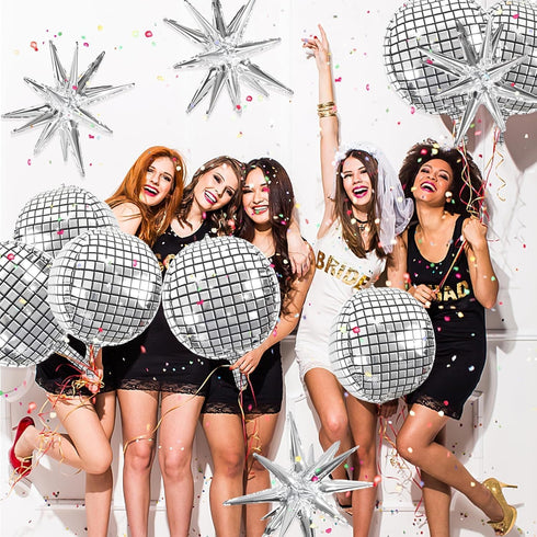 OuMuaMua 9pcs Disco Ball Balloons for 70s Disco Party Decor, 22 Inch Large 4D Metallic Silver Balloons with Stars