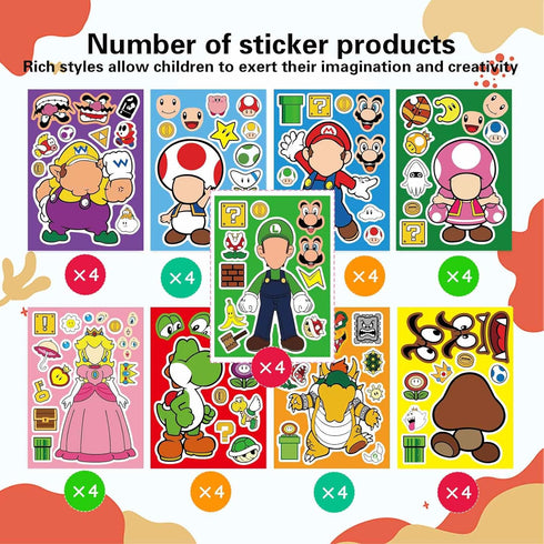 36 Sheets Mario Make a Face Stickers, DIY Cartoon Crafts for Kids Birthday Gifts and Party Favors