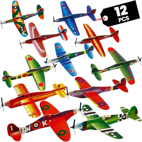 Bedwina Glider Planes Bulk 12-Pack 8-Inch Bomber Airplane Gliders for Kids, Foam