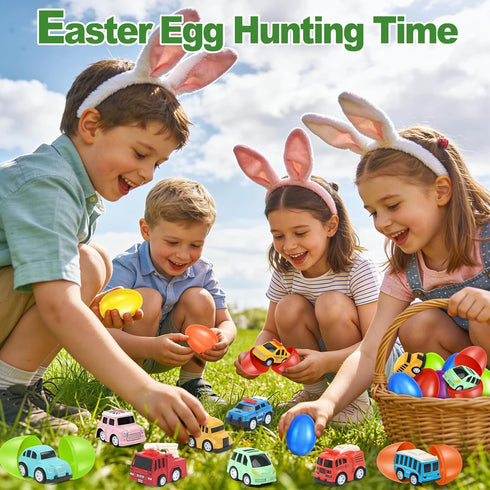 12 Pack OCHIDO Easter Eggs Filled with Die-Cast Cars, Prefilled Easter Eggs with Toys Inside for Kids Easter Basket