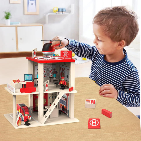 Wooden Fire Station Playset, Multicolor 3-Level Dollhouse with Figures and Accessories for Kids Age 3+