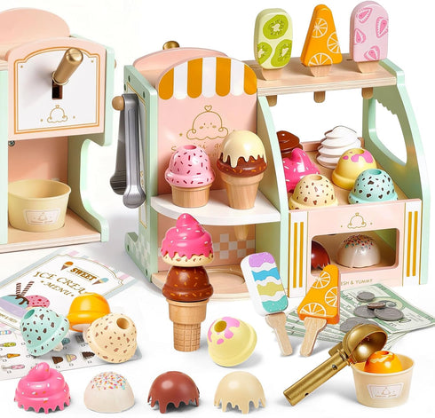Giant bean Wooden Ice Cream Play Set, with Drop-Down Dispenser, Play Kitchen