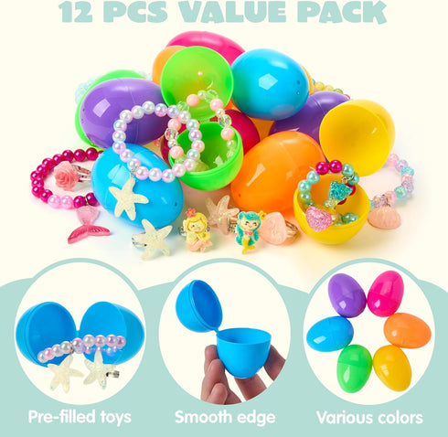 JOYIN 12 Pack Prefilled Easter Eggs with Jewelry Toys Inside, Beads Bracelets and Rings for Kids Egg Hunt, Girls Party