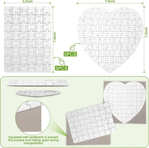 10 Sets Blank Sublimation Puzzle Jigsaw for Kids Rectangle Heart Shaped White DIY Custom Puzzle Heat Press Thermal Transfer Puzzle Pearl Puzzle Blank Puzzle (A5-48 Rectangle and 75-Heart Shaped)