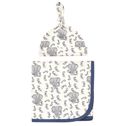 Touched by Nature Unisex Baby Organic Cotton Swaddle Blanket and Headband or Cap, Blue Elephant, One Size by Touched by Nature