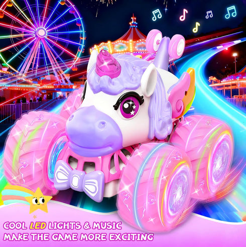 3+, 360 4WD 2.4 3 4-6 6-8 Remote Control Car for Girls, Unicorn Toys for Girls Age Rotating GHz RC Stunt Cars