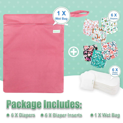 6 Pack 6 1 wegreeco Cloth Diapers with Inserts & Wet Bag, Washable Cloth Diapers for Babies, One Size Adjustable