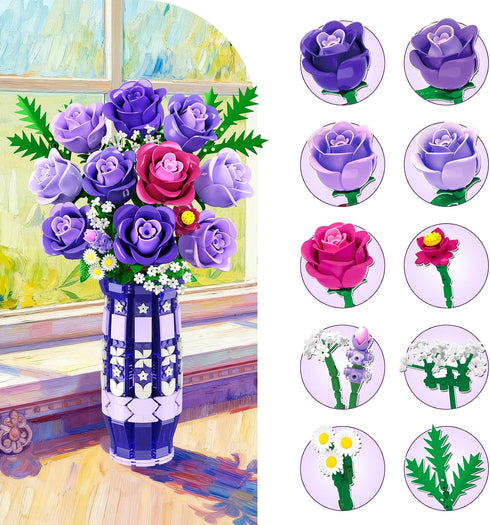 Set 17 CUBIMANA Purple Roses Flowers Building with Vase & LED Light, Mini Flowers Bouquet Building Blocks Toy